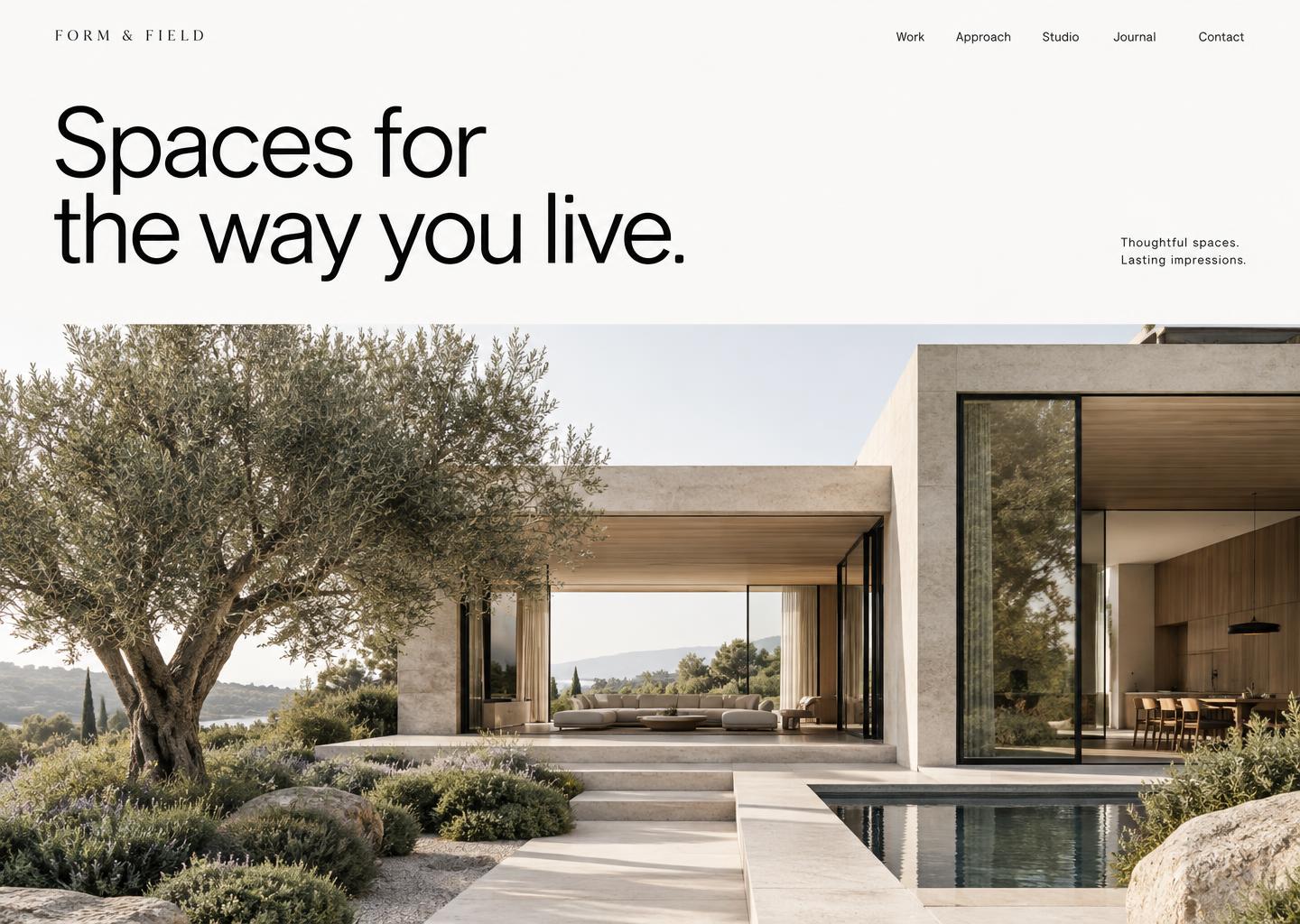 Form and Field architecture website concept with minimal typography and contemporary house photography