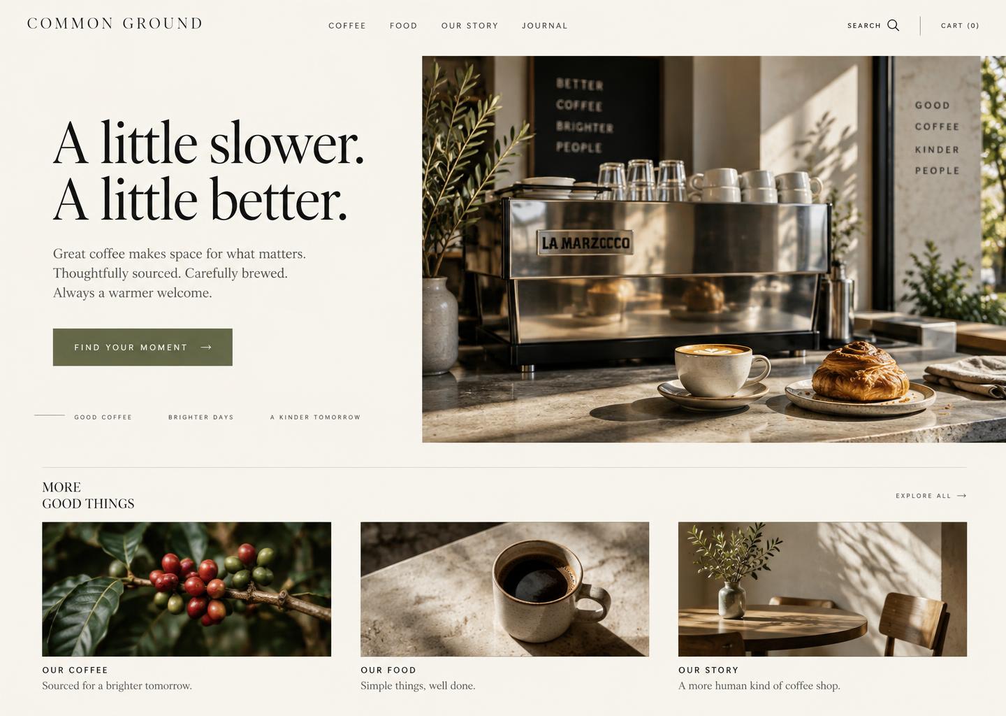 Common Ground coffee shop website concept with editorial typography and espresso photography
