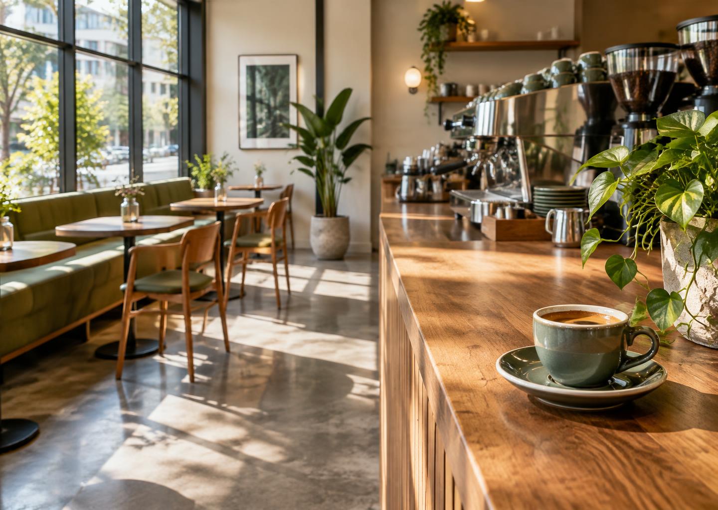 Sunlit café with an espresso cup on a wooden counter, created for this illustrative concept